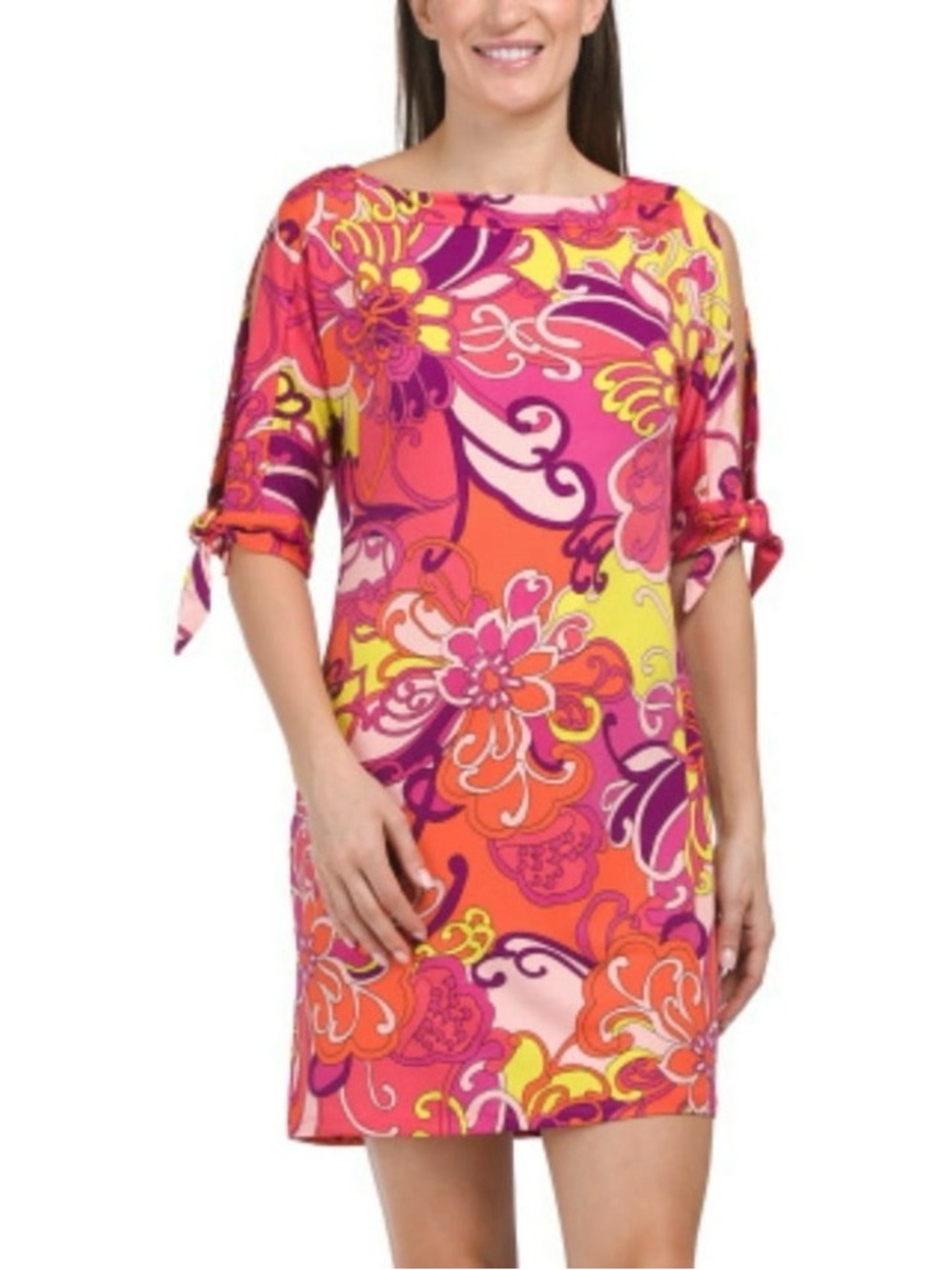 NWT Trina Turk Shift Dress Pink Multi Floral Elbow Tie-Sleeve Above Knee Sz Med